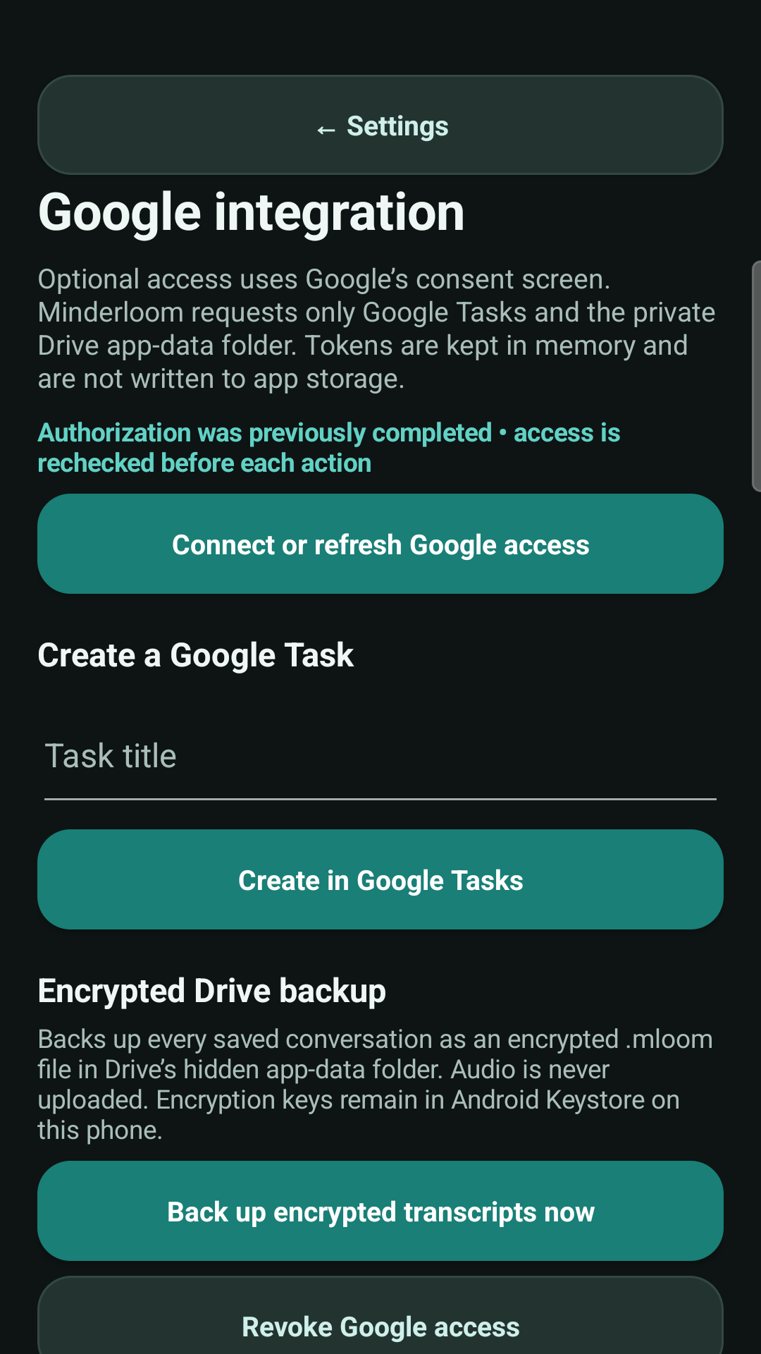 Minderloom Google integration settings