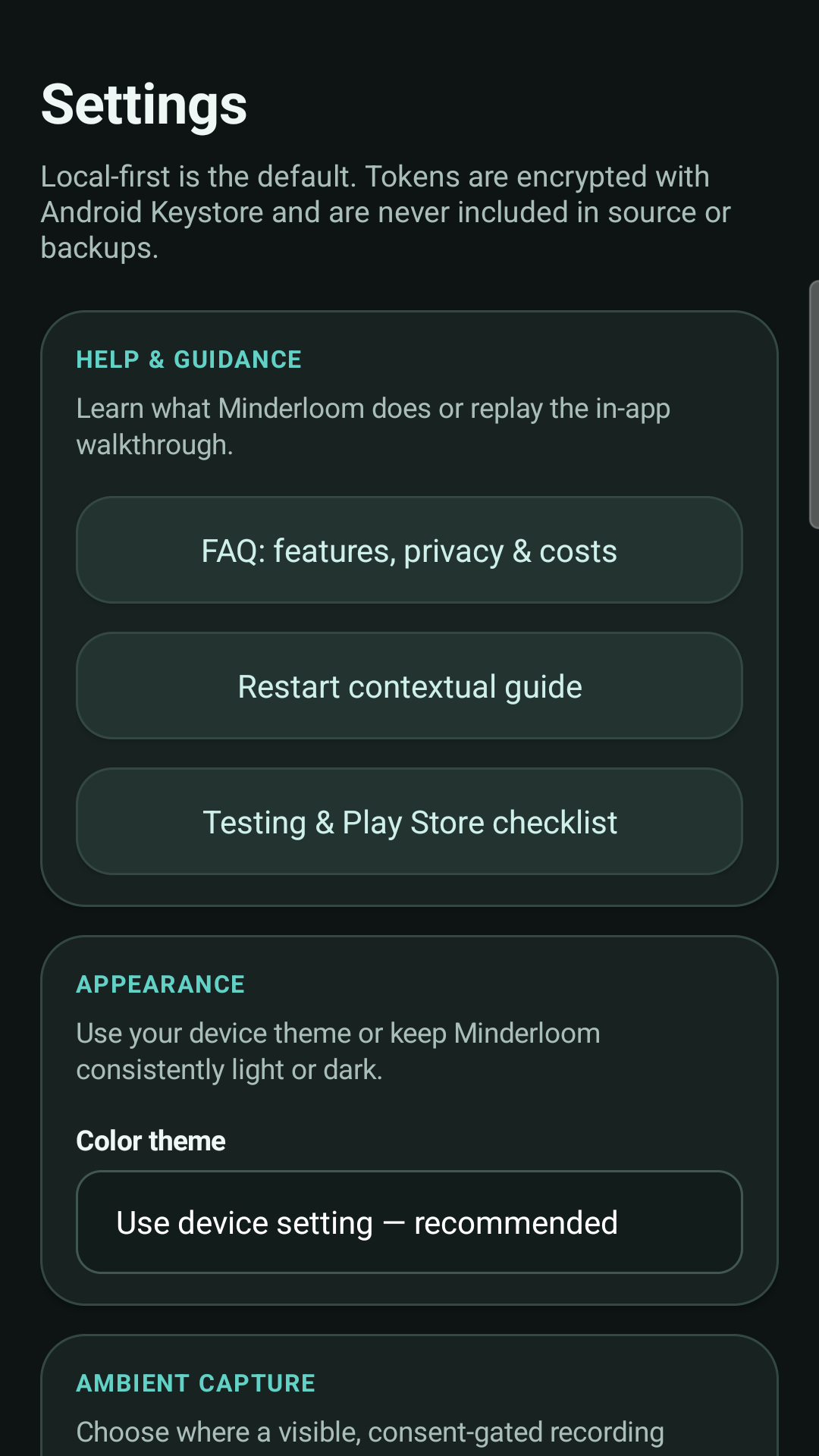 Minderloom Settings screen